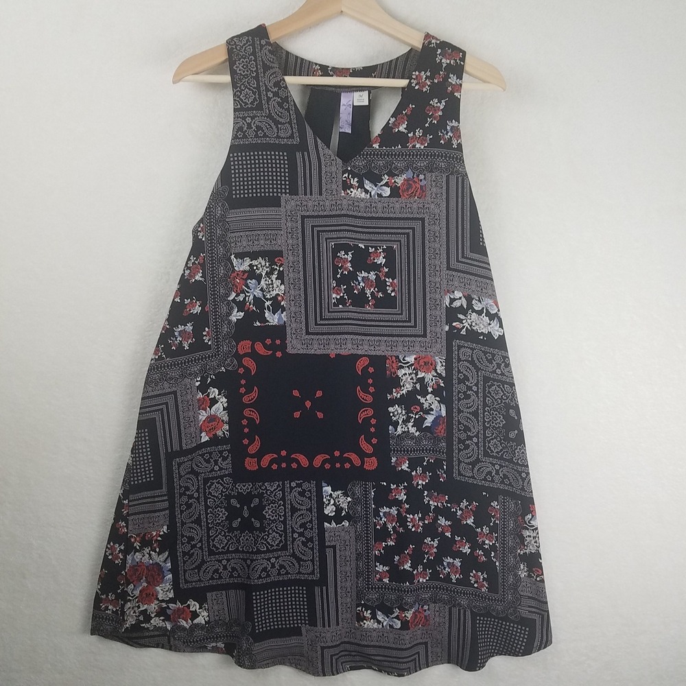 Alya Black Patchwork Floral Paisley Print V Neck Keyhole‎ Cutout Dress womens M